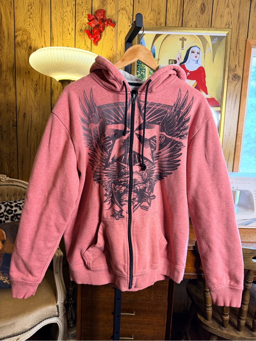 Vintage Y2K Hybrid Apparel Zip-Up Hoodie Light Red with Black Graphic